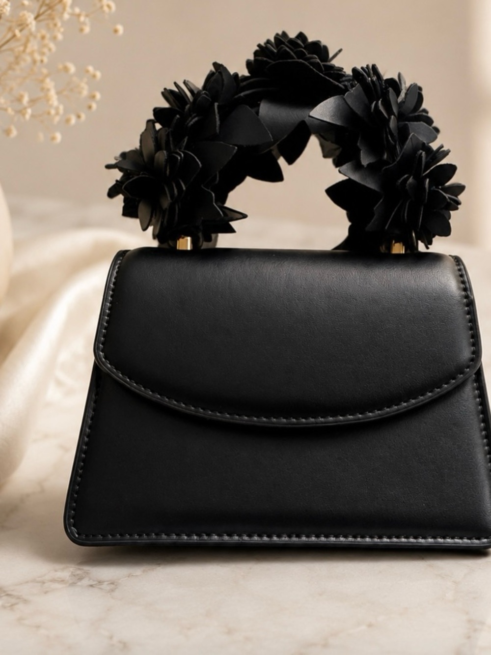 Zara Black Floral-Embellished Top Handle Shoulder Bag